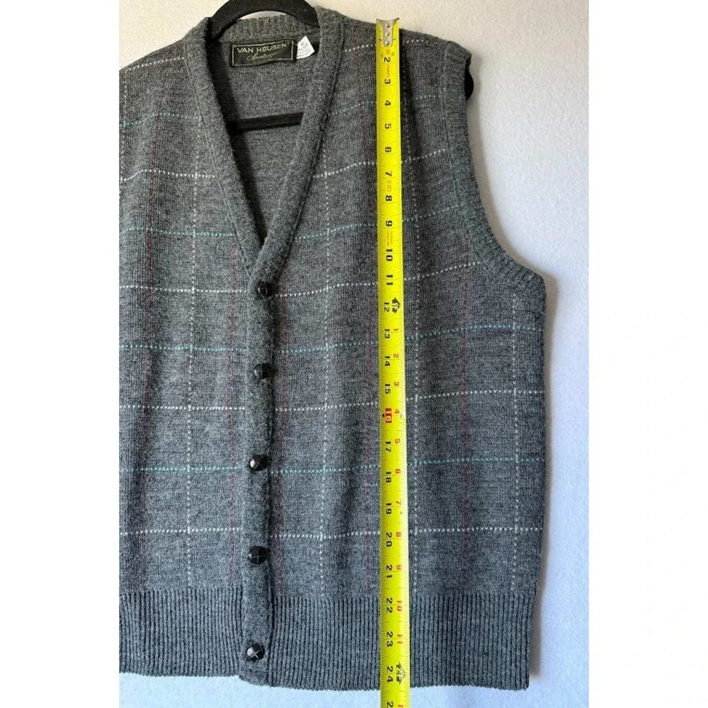 VTG Van Heusen Sportwear Vest Men Large Gray Windowpane Button Front Made In USA - Picture 3 of 11